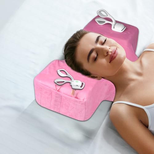 IMENE Lash Pillow for Lash Extensions- Memory Foam Lash Pillow with Neck and Back Support, Ergonomic lash Bed Pillow with Velvet Pillowcase and Lash Organizer Pockets (Pink) Pink