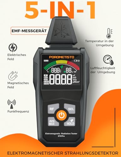 ET01PRO 5-in-1 EMF Meter - Electrosmog Meter with EF/MF/RF/Temperature/Humidity, Max/Min/Memory, Ideal for Professionals, Home & Ghost Hunting