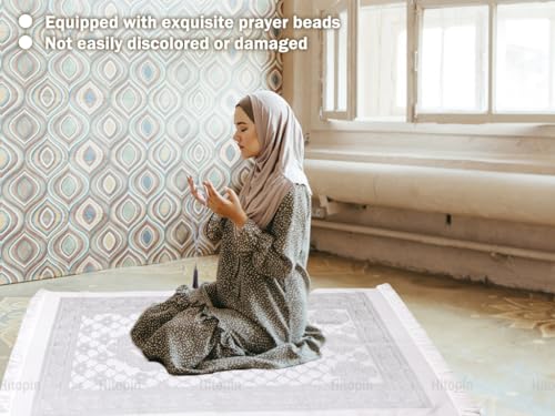 Muslim Prayer Rug and Beads with Elegant Slub Fabric Bag, Islamic Prayer Mat, Ramadan Prayer Blanket, 110 * 70CM, Grey