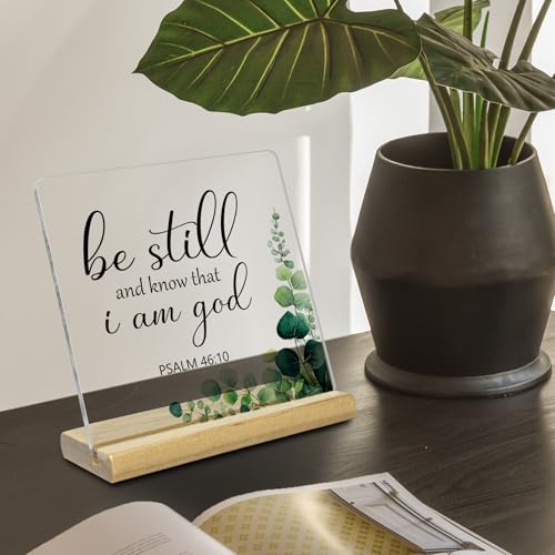 Christian Decor for Women Men,Be Still And Know That I Am God Acrylic Signs Plaqur,Religious Gifts for Home Office Desk Sign Decor Psalm 46:10