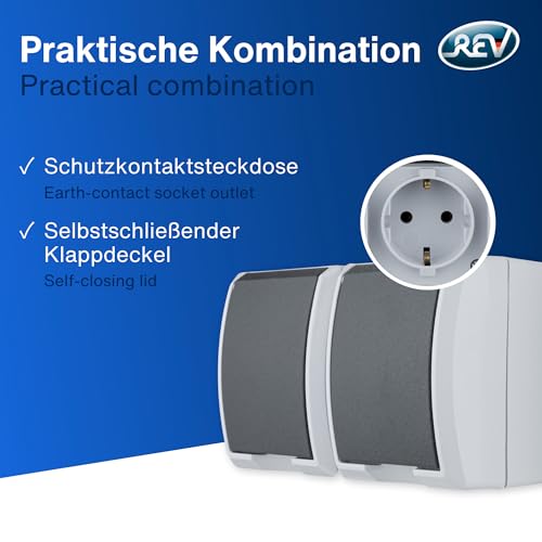 REV AquaForm Double Socket, Wet Room Socket, IP44, 1-Pole, Surface-Mounted, Grey 1 x horizontal double socket