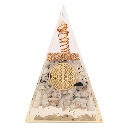 Orgonite Pyramid with Rainbow Moonstone – Energy Crystal for Calmness, Strength & Healing – Handmade Spiritual Decor for Meditation & Home