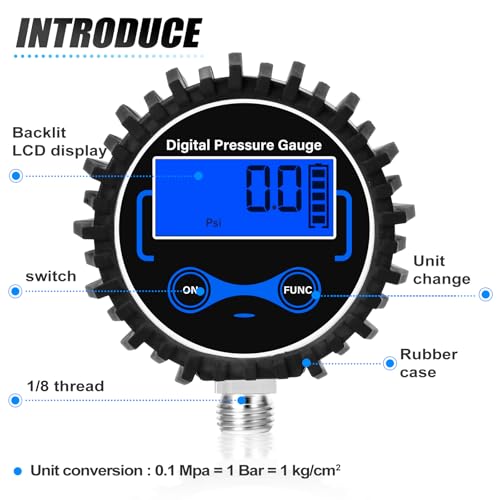 MEANLIN MEASURE 0-300 PSI digital pressure gauge with rubber cover, lower mount, and NPT hex bushings