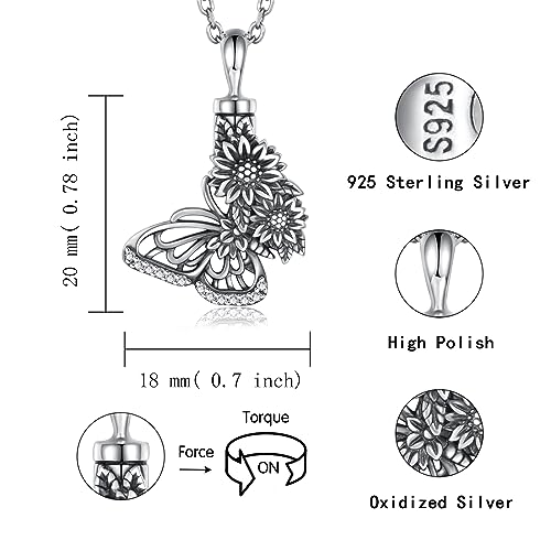 APOTIE Silver Butterfly Sunflower Urn Necklace - S925 Butterfly Ashes Keepsake Cremation Jewelry Memorial Gifts for Women Loss Loved One