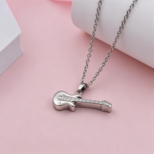 Guitar Cremation Jewelry for Ashes, Stainless Steel Guitar Shaped Urn Necklace for Men Women, Music Memorial Keepsake Pendant with Screw-Thread Chamber for Loved One Silver