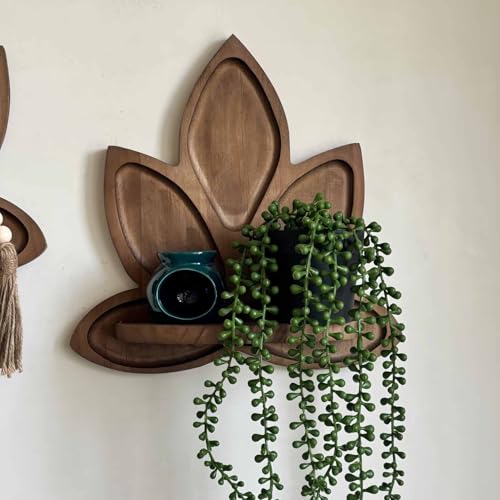 Small Carved Lotus Flower Decorative Wooden Floating Wall Shelf, Boho Zen Spiritual Home Decor for Yoga & Meditation Space Walnut