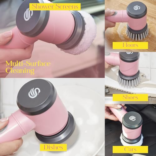 Swan x Lynsey TV's Queen of Clean 5-in-1 Cordless Spin Scrubber with 5 Cleaning Heads & Wall Holder, Rechargeable Scrubbing Brush, IPX5 Waterproof for Showers, Hobs & Tiles, Pink, SWFC1003QOCN