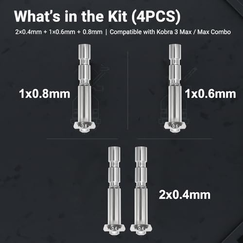 Hoypeyfiy Quick Swap Hardened Steel Nozzles, 0.4mm Integrated Throat Tube Nozzle Kit, Replacement for Anycubic Kobra 3 Max 3D Printer (4) 4