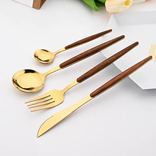 24 Pieces Wooden Handle flatware Set, Wood Stainless Steel Cutlery Set Dinner Knife Fork Spoon Teaspoon, Kitchen Utensils Silver Service For 6, Mirror Polish (Gold) Gold