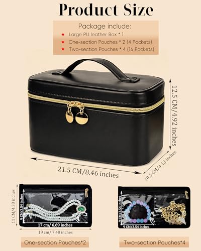 Large Travel Jewelry Box, Hard Shell PU Leather with 20 Zippered Clear Pockets for Earrings Rings Necklaces (Black) Black