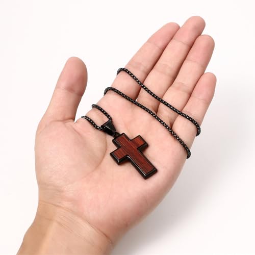 Flongo Cross Necklace for Men – Black Wood and Stainless Steel Christian Necklace Engraved with Bible Verse Philippians 4:13 “I can do all things through Christ”, Philippians Cross Pendant Black