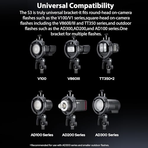Godox S3 Speedlite Bracket, S-Type Bowens Mount Flash Holder, Compact and Lightweight Compatible with Godox V1, V860III, AD200Pro, AD300Pro, AD400Pro, TT350 for Photography and Video Lighting