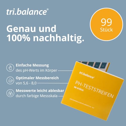 tri. Balance pH Test Strips Pack of 99 | Measuring Range 5.6 – 8.0 pH | for Urine or Water pH measurement to Control the Acid/Alkaline Balance | Colour scale in 0.2 pH increments, reading after 5-60 seconds, for water and other liquids, made in Germany