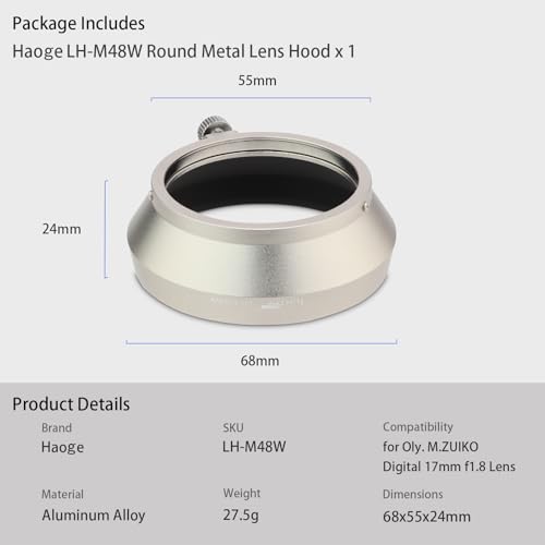Haoge LH-M48W Metal Lens Hood Shade for Olympus M.ZUIKO Digital 17mm F1.8 Lens Replace LH-48B Silver [Silver-Round]