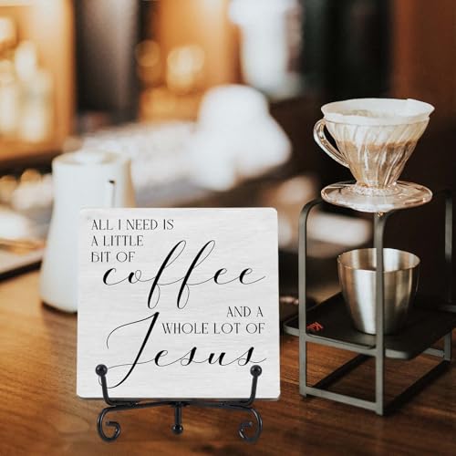 Farmhouse Coffee Bar Decor, All I Need Today Is A Little Bit of Coffee & A Whole Lot of Jesus Wooden Sign with Iron Stand, Christian Gifts for Home Kitchen Decor (A05)