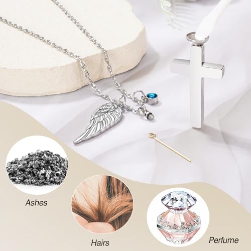 Dletay Cross Urn Necklace for Ashes with 12 Birthstones Cremation Jewelry for Ashes for Women Memorial Ash Keepsake Urn Pendant Silver
