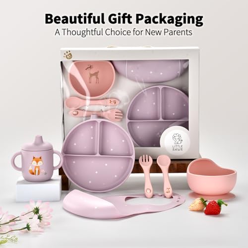 Little Rawr Baby Led Weaning Bundle, 100% Silicone Baby Feeding Set Includes Divided Plate, Suction Bowl, Straw Cup, Bib, Spoon & Fork, Develops Self Feeding Skills, Dishwasher Safe (Purple) Pink