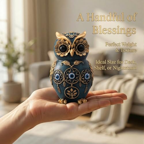 Blue Owl Statue with Evil Eye & Dreamcatcher Decor - 4.8" Resin Owl Figurine for Shelf, Desk & Living Room - Gold Accents Wisdom Bird Sculpture - Unique Boho Spiritual Protection Gift for Women, Mom Blue