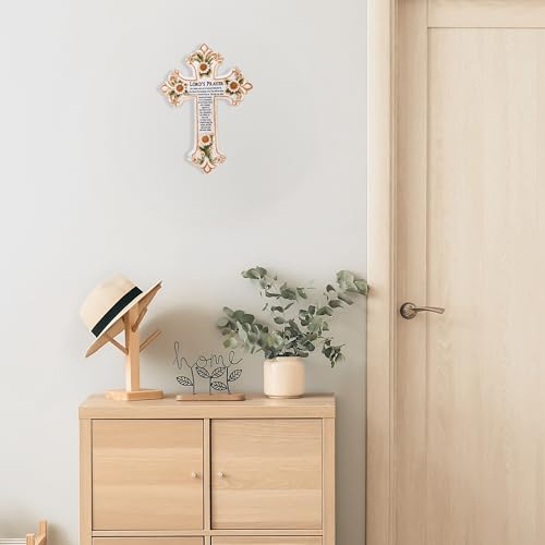 AMAJY Cross with Flower and Lord's Prayer - Religious Resin Wall Art Panel