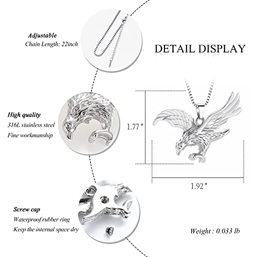 XSMZB Eagle Urn Necklace for Ashes of Loved Ones Keepsake Ash Holder for Pet Human Memorial Cremation Jewelry for Ashes for Men Women Silver