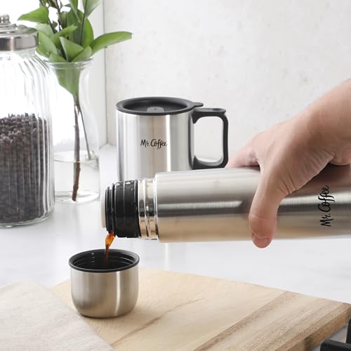 Mr. Coffee 4-Piece Insulated Drinkware Set — Stainless Steel Thermos, Travel Mug with Handle, Cup & Lid for Hot & Cold Drinks Stainless Steel (Javelin) 15.5 Ounces