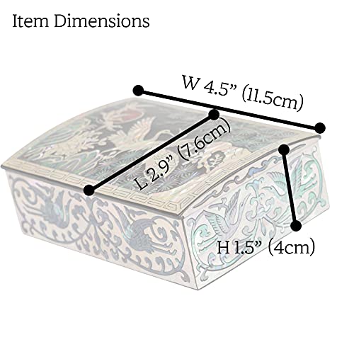 February Mountain Mother of Pearl Trinket Box Organizer for Business Cards, Jewelry or Keys - Small Wooden Box Inlaid - Gifts for Women and Men Ideal for Gifts and Keepsakes (Crane with Pine Tree) Crane with Pine Tree