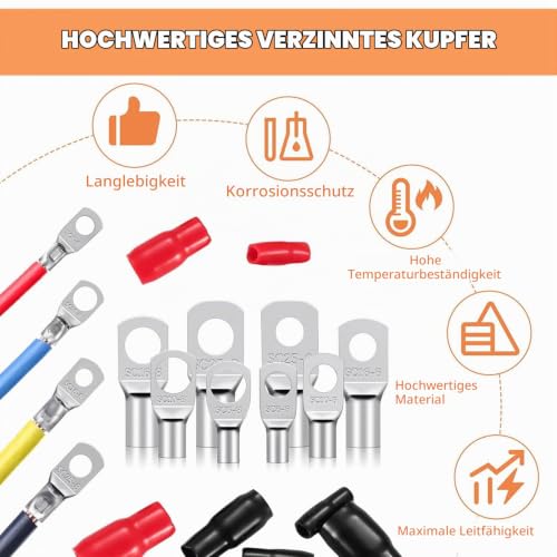 Enutrof pipe cable lugs set, ring cable lug, ring terminals | 10 mm² 16 mm² 6 mm² 25 mm² 120 Piece Set Cable Lugs Heat Shrink Tubing for Car Motorcycle Boats (120 Pieces-S) S (120 Pieces)