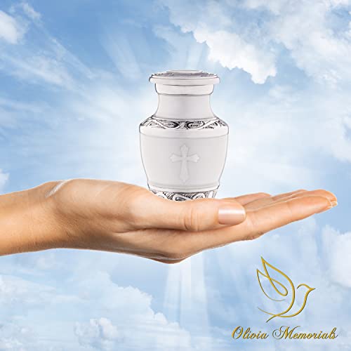 Olivia Memorials Small Urn for Ashes for Women or Men - White Mini Urns Religious Cross Male or Female Human - Cremation Keepsakes - Memorial Jesus Cross Urn Catholic Protestant God's Love - White Keepsake - 1 Count