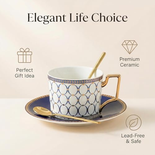 CwlwGO-Bone China Cups & Saucers Set 2, (7 oz) with Gold Spoon and Gifts Box, White Tea Cups Sets, Cappuccino Cups, Ceramic British Coffee Cup Set. blue white-2
