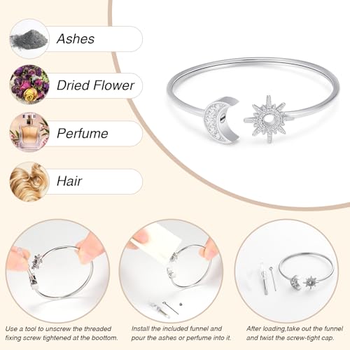 Oinsi Sun Moon Crescent Cuff Urn Bracelet Mental Bangle for Ashes Keepsake Opening Bracelet for Women and Men Urn to Hold Ashes for Love one Silver