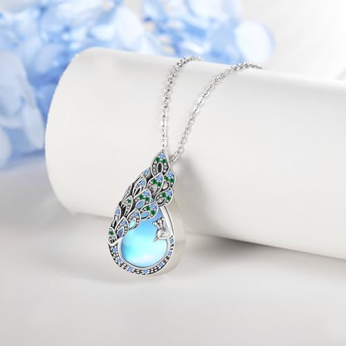 DAYLINLOVE Peacock Necklace 925 Sterling Silver Emerald Moonstone Peacock Urn Pendant Necklace Memorial Keepsake Peacock Cremation Jewelry Moonstone Urn Necklace
