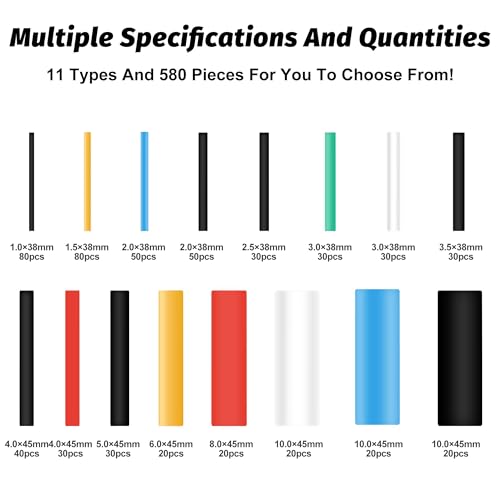 Heat Shrink Tubing Set, 580 Pieces, Heat Shrink Tubes, Colored Includes 6 Colors and 11 Sizes, 2:1 Shrink Ratio, Heat Shrink Tube, Waterproof, Suitable for Cable Insulation, Protect