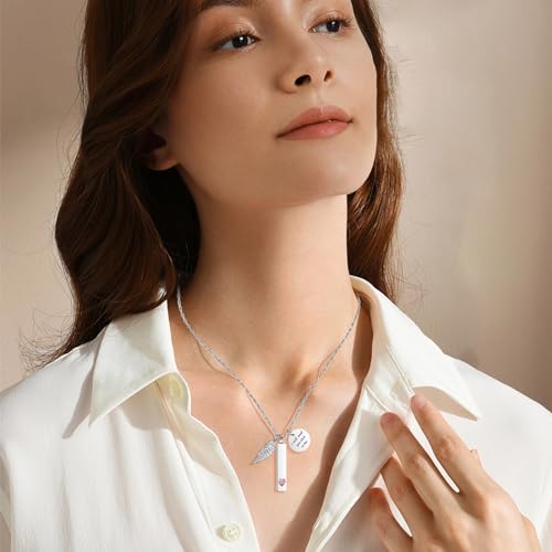 XIUDA Cremation Jewelry for Ashes with Angel Wing Charm Vertical Bar Urn Necklace Stainless Steel Memorial Keepsake Pendant for Women Silver
