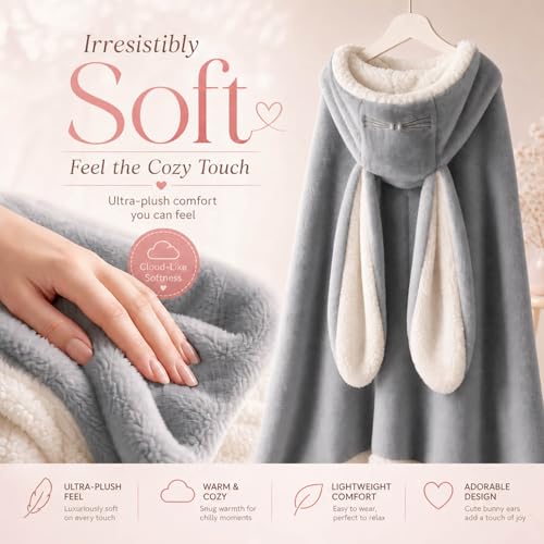 Soft Big Bunny ears Wearable Blanket, Blanket Wrap with buttons Comfy Hoodie Hooded cape Throw for women Gray