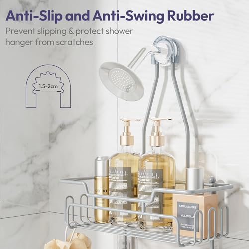 SWTYMIKI Bathroom Shower Caddy Hanging - 3 Tier Rustproof Over Shower Head Organizer, No Drilling Bathroom Shelf with 16 Hooks & Soap Holder, Anti-Swing Rack for Shampoo,Sponge,Towel, Silver, Medium Silver-3 Tier-Medium