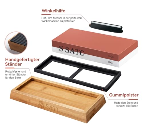 S SATC Sharpening Stone Knife Grit 1000/6000 Whetstone Professional Sharpening Stone 4-in-1 Knife Sharpening Stone Sharpening Stone with Non-Slip Bamboo Base and Angle Guide 4 In 1