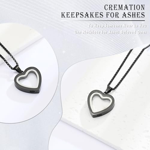 Cremation Jewelry Glass Urn Necklace for Ashes Heart Stainless Steel Ashes Pendant for Women Men Keepsake for Jewelry Memorial Lockets for Ashes black