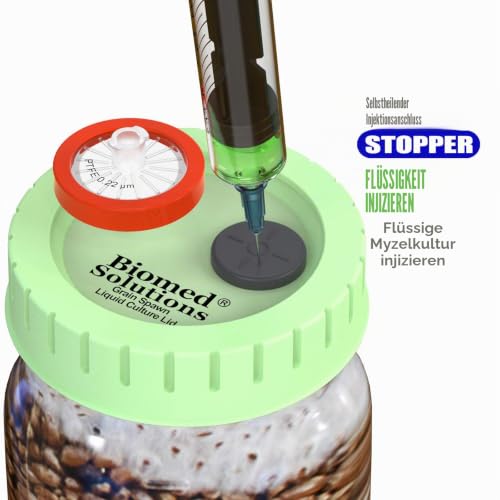 6 x Mushroom Culture Lids Regular Mouth Lid with 0.2 Micron PTFE Syringe Filter and 20mm Self Healing Injection Ports for Mushroom Growing Mycology Green