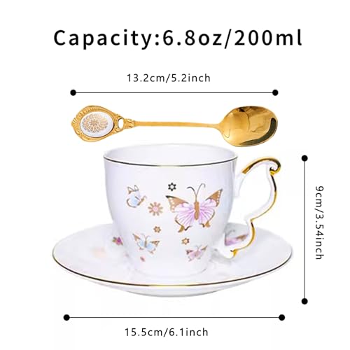 Butterfly Cup and Saucer Set, Bone China Tea Cup and Saucer with Spoon, Porcelain Coffee Mug with Gold Trim, Dishwasher Safe, Gift for Women, Mom, Friends, 6.8 oz