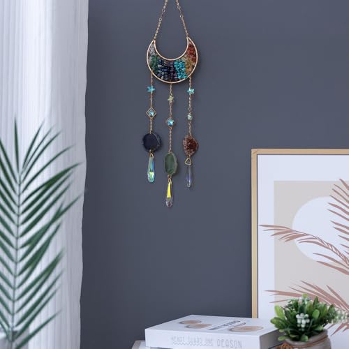 Crystal Hanging Decor Moon Wall Ornament with Agate Crystal Sun Catcher