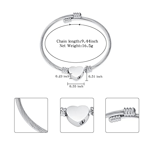 constantlife Cremation Bracelet for Ashes Memorial Jewelry Stainless Steel Heart Shape Urn Pendant Bangle Loved Ones Funeral Ashes Holder Keepsake Gift A-Silver