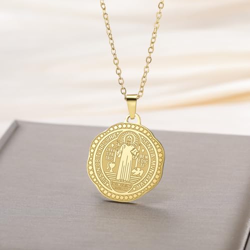 VASSAGO Stainless Steel Saint Benedict Medal Necklace for Women Men Gold