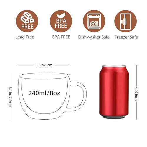 CNGLASS 8oz Double Wall Glass Coffee Mugs,Clear Insulated Espresso Glass Mugs with Handle for Latte,Cappuccino,Coffee,Set of 4 8oz(4-pack)