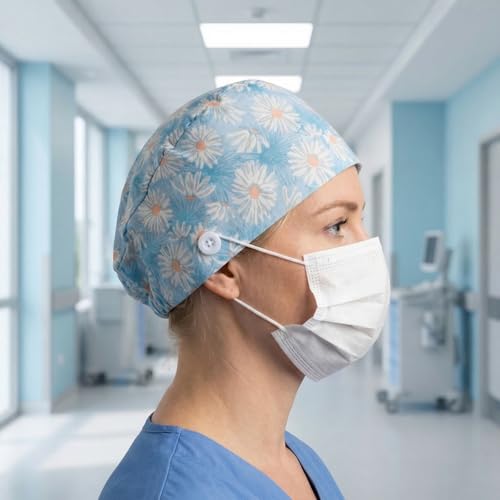 Pack of 4 Surgical Caps with Buttons, Cotton Nurse with Sweatband, Bandana Work Caps, Adjustable Surgical Hat for Women and Men (B) B