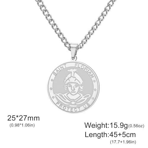 TEAMER Saint Florian Prayer Necklace St Florian Pendant, Firefighters and Soldiers Pattern Jewelry Religious Protection Amulet for Men Women Silver