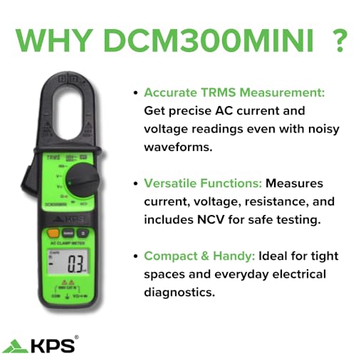 KPS DCM300MINI True RMS clamp meter with 600A AC measurement, auto range, and NCV detection