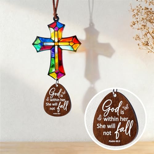 Christian Gifts for Women, Cross for Car Mirror Hanging, Daily Bible Verse Cross Ornament, Religious Gift for Women - Easter, Encouragement, Faith, “God is Within Her” Hanging Ornament God is Within Her