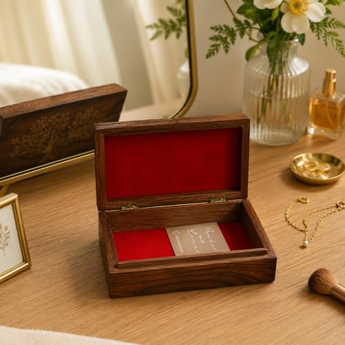 collectiblesBuy Handmade Wooden Box Hinged Lid Brown keepsake Unfinished Jewelry and DIY Crafts Storage Box for Women Jewel Organizer Golden Floral Print Decorative Wood Stash Boxes Walnut Finish