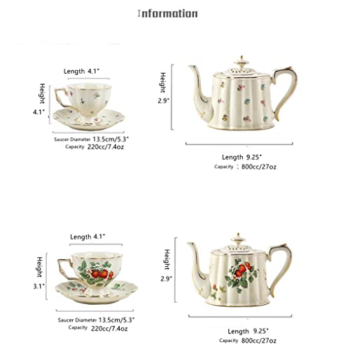 Retro Coffee Mug Sets, Ceramic Espresso Cups with Saucers, Drinks Cocoa Latte Cup Porcelain Tea Pot Gift Sets for French Restaurant Bar, Floral Design (1X Strawberry pot) 1x Strawberry Pot
