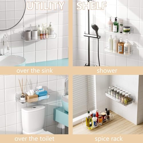 UDD Acrylic Clear Shower Caddy Adhesive Shelf, 2pc Plastic Shower Organizer with Self Adhesive Tape, No Drilling Wall Mount Shower Shelves for Bathroom Kitchen, Transparent 2Pack